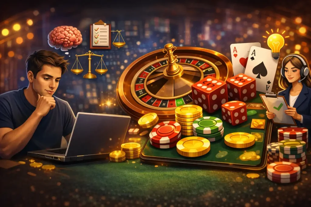 Dizüstü bilgisayar başında, çevrimiçi casino ortamında odaklanmış şekilde oyun oynayan genç bir adam