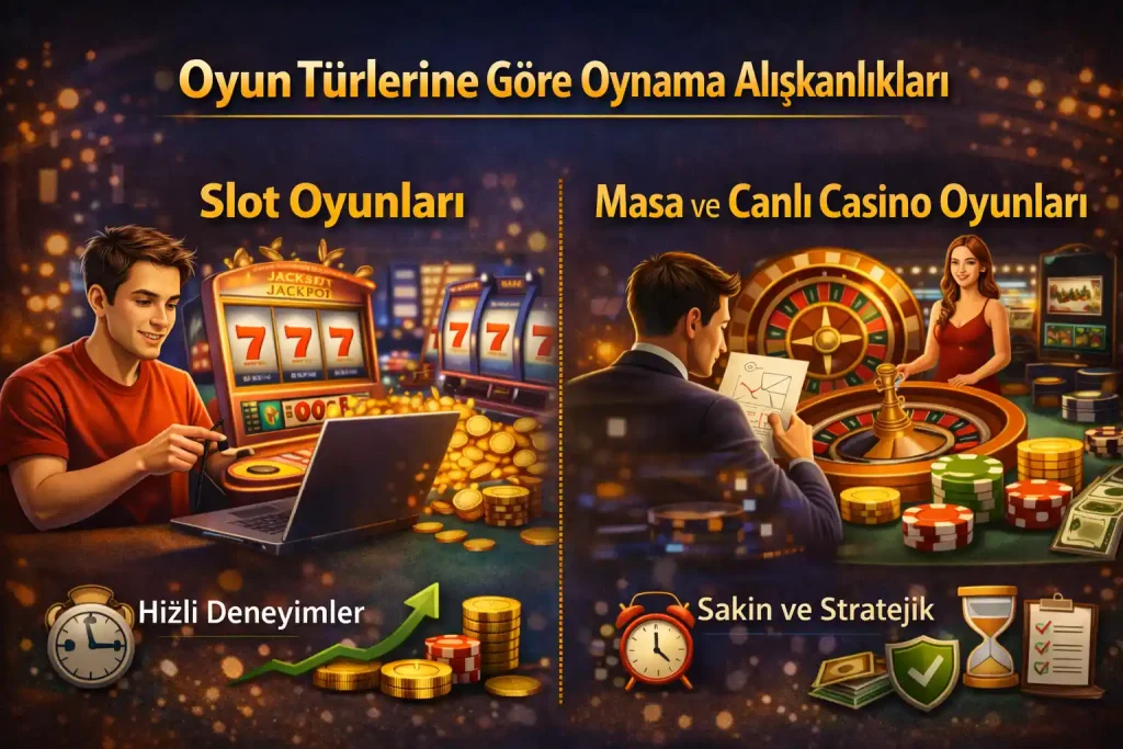 Slot oyunlarında hızlı oynayan bir oyuncu ile rulet masasında sakin ve stratejik oynayan bir oyuncunun karşılaştırıldığı görsel